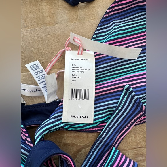 Vineyard Vines multi stripe cross over bikini swim top reversible deep Bay nwt - Picture 6 of 9